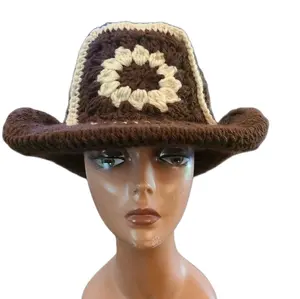 Crochet Granny Square Cowgirl Hat - Brown with Floral Design, Perfect for Western Style
