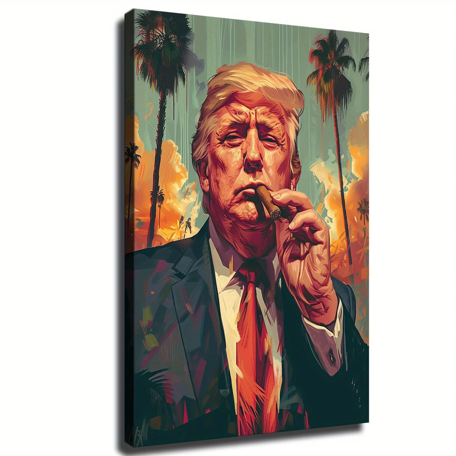 Decorative Wooden Frame Canvas Wall Art - Donald Trump Cigar Portrait, 12*18 inches (30*45cm) with Frame, Ready to Hang, Home Decor, Love-themed Mixed Color Wood Gift Idea, Wall Decor