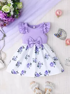 Super Cute Baby Girl Purple Floral Dress: Ruffle Sleeve + Floral Print - Bow Floral Ins-style Kids Outfit for Summer Toddler Outfit 🎀