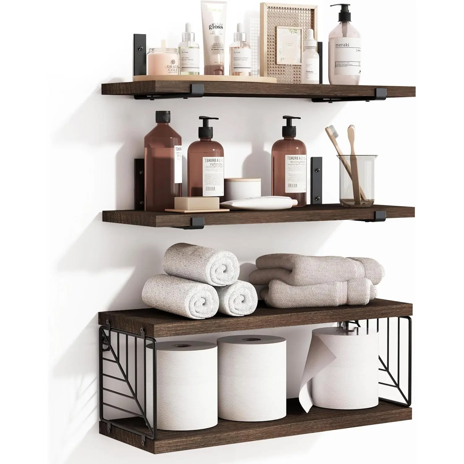 Dark Brown 3+1 Tier Farmhouse Rustic Wooden Wall Hanging Floating Shelves, 15.8in Multi-Tiered Wall-Mounted Storage Solutions, Bathroom Over-Toilet Organizer, Living Room Decor