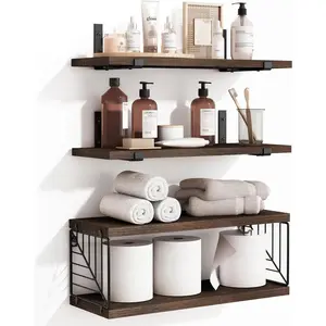 3+1 Tier Bathroom Floating Shelves Over Toilet, 15.8in Farmhouse Rustic Wood Shelves, Wall Decor for Bathroom, Living Room,Bedroom and Kitchen (Dark Brown)