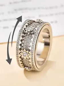 Rotatable Gear Ring with Full Zirconia Inlay, Unisex Sparkling Fashion Ring, Perfect for Daily Wear, Dates, Anniversaries, Christmas Gifts, Rotating Ring, Unisex Appeal, Sparkling Appearance, Rotatable Gear Design
