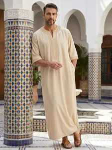Moroccan Traditional Clothing, Cool Daily Wear Men's Apricot V-Neck Embroidered Robe, Eid Al Adha Festival Attire, Perfect Gift