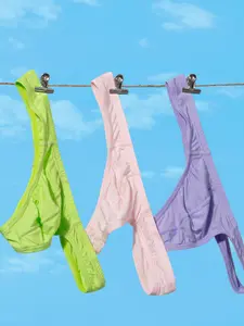 3 Piece Set Sexy Low Waist Thong High Cut Bikini, Breathable Modal Single D Ring Panties, Comfortable Plain Color, All Seasons