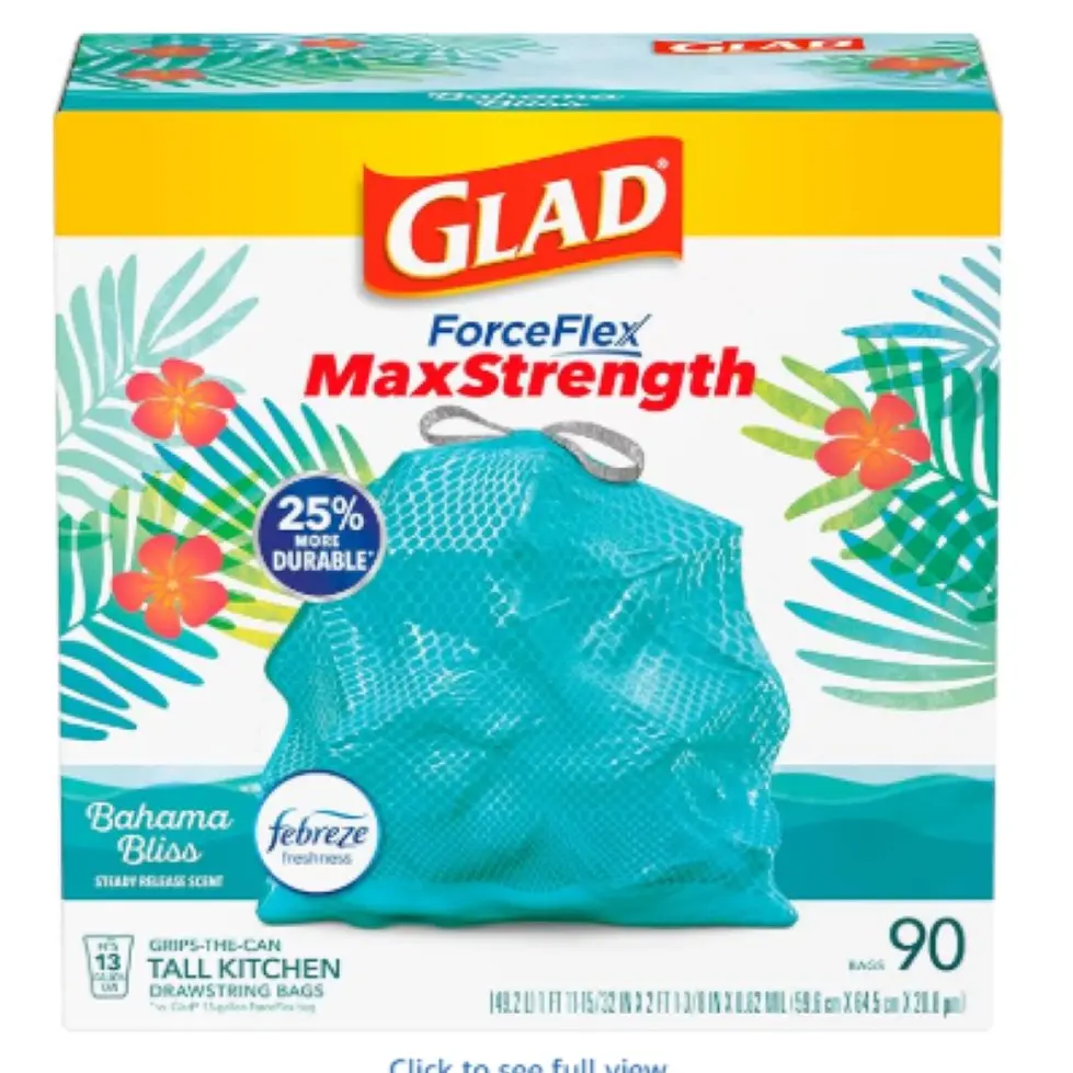 Glad ForceFlex MaxStrength 13 Gal Kitchen Trash Bags Bahama Bliss Febreze Scent 90 Ct Vibrant Teal LeakGuard RipGuard Technology 25% More Durable