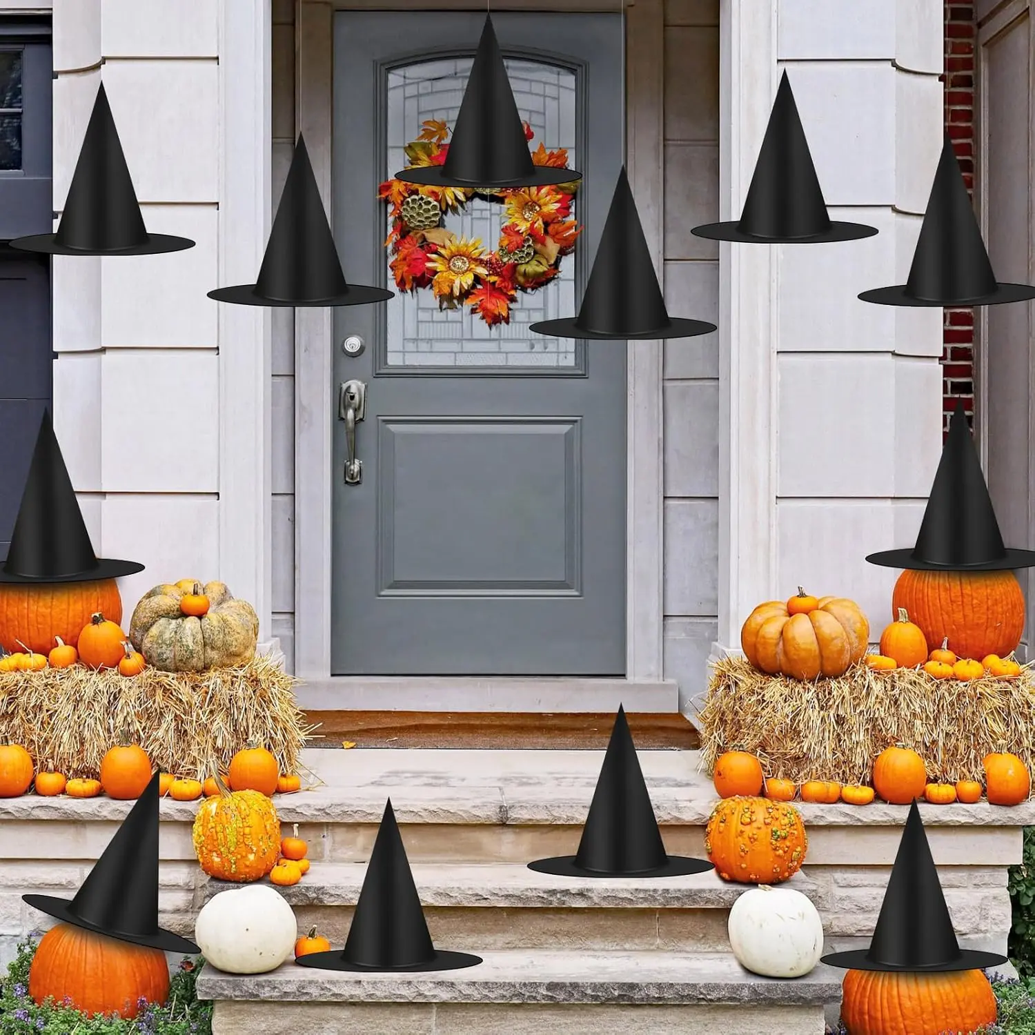 Halloween Decorations  Hat, 12 count Thickened Black  Hats Bulk Costume Accessory,  Wizard Hat with Rope, Floating Witches Hats for Porch Yard Indoor Outdoor Decor Party Supplies