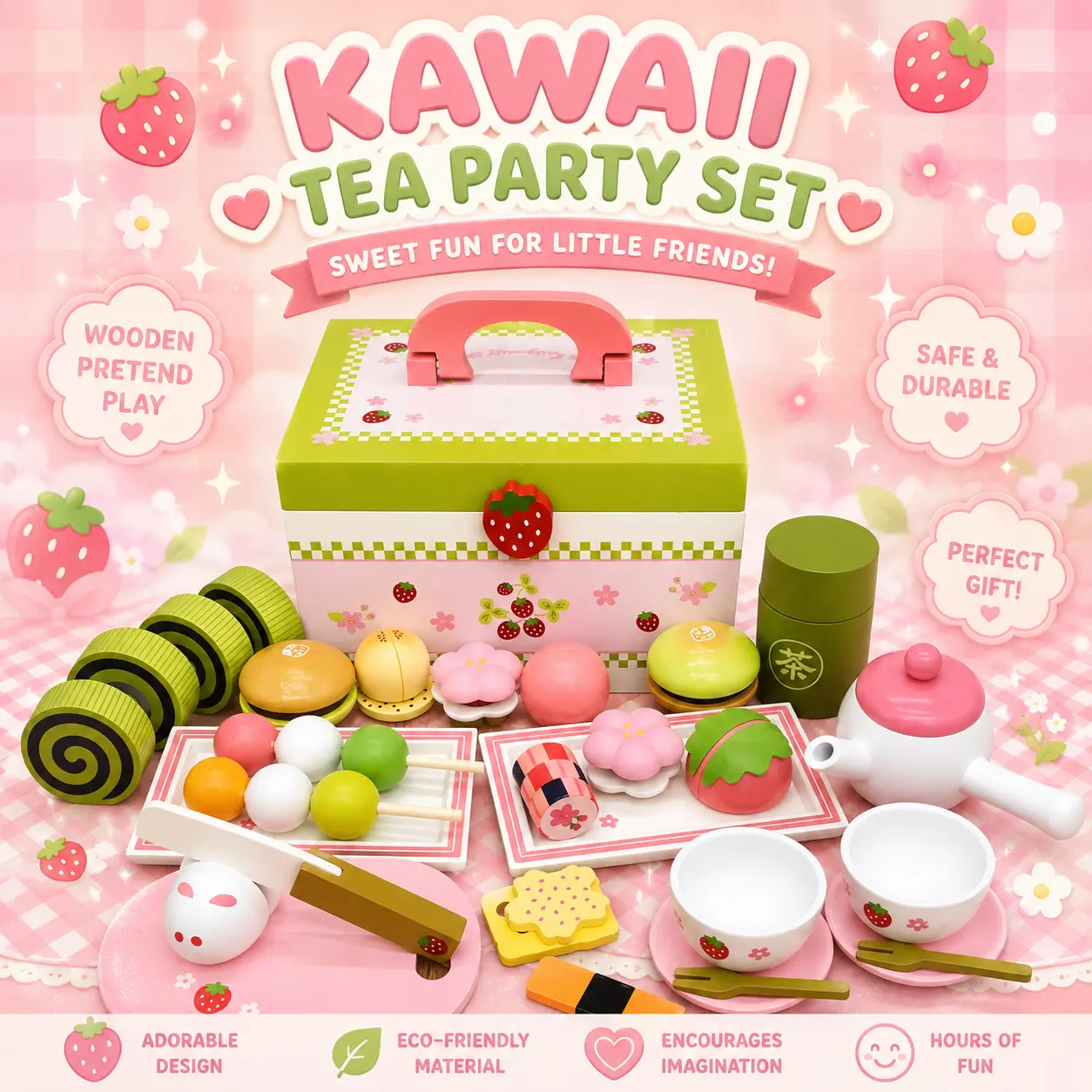 Strawberry japanese sweets wooden tea time set