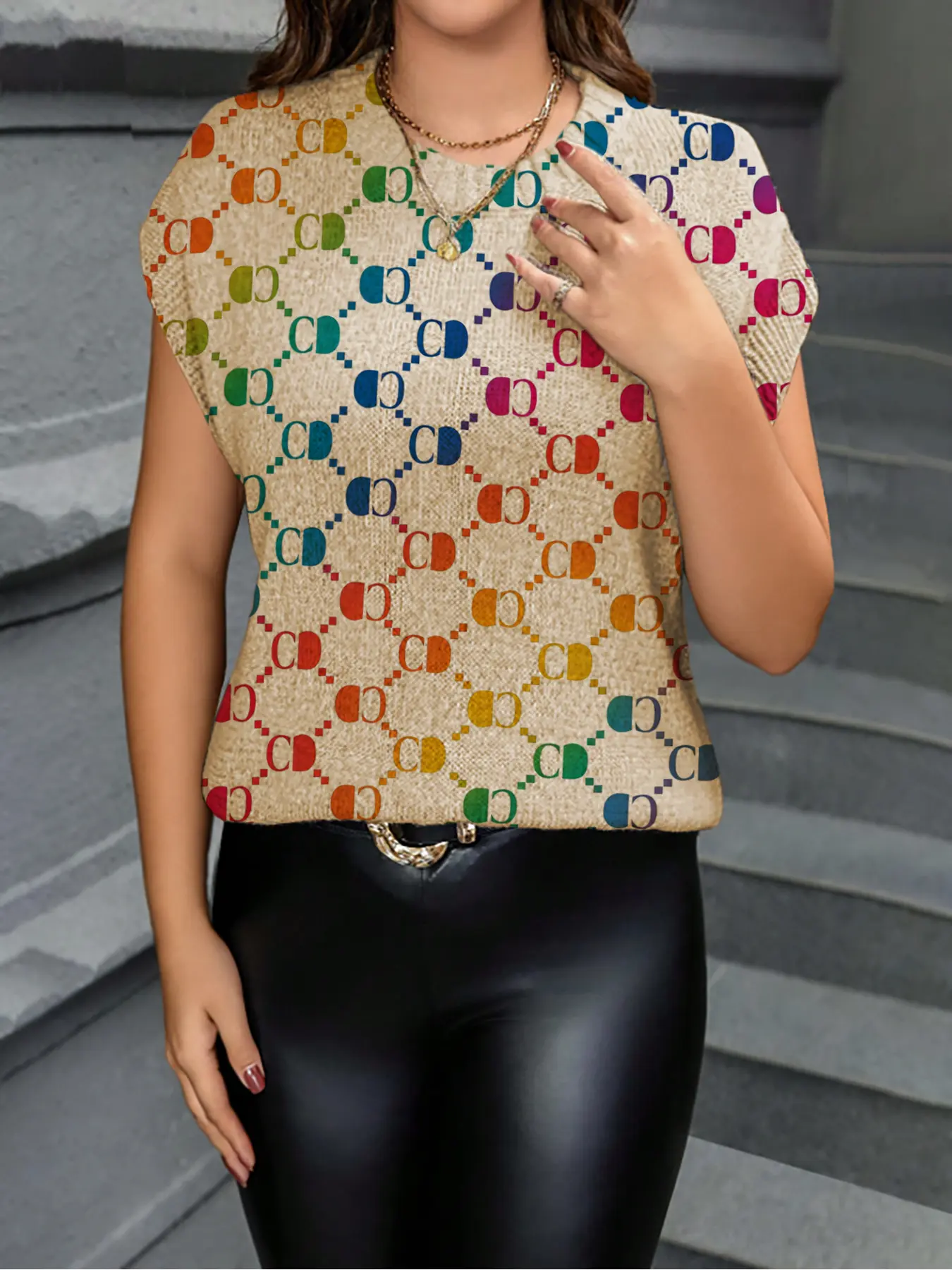 Geometric Pattern Colorblock Print Round Neck Sweater, Casual Short Sleeve Knitwear for Spring Summer Fall, Comfortable Warm Women's Clothing