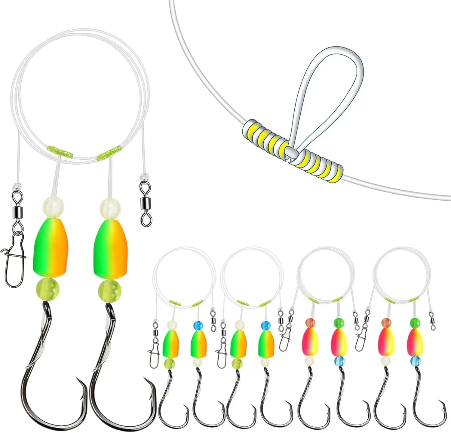 10PCS/4PCS Pompano Rigs for Surf Fishing Saltwater Fishing Rigs with Floats and Beads Unique Double-Line T-Knot Pre-Rigged Surf Fishing Gear & Tackle with Circle Hooks