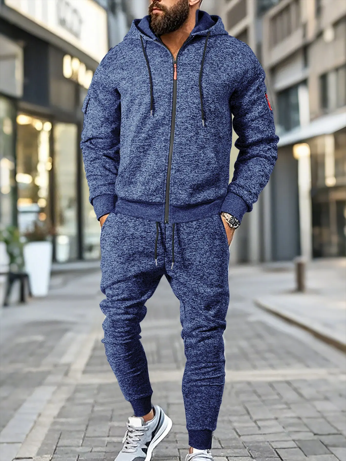 Two-piece men's solid color hooded drawstring zipper sweatshirt with cuffed drawstring sweatpants,daily casual long-sleevedie with pockets sports long pants,autumn and winter season wear,outdoor sports,leisure entertainment and other scenarios of the suit