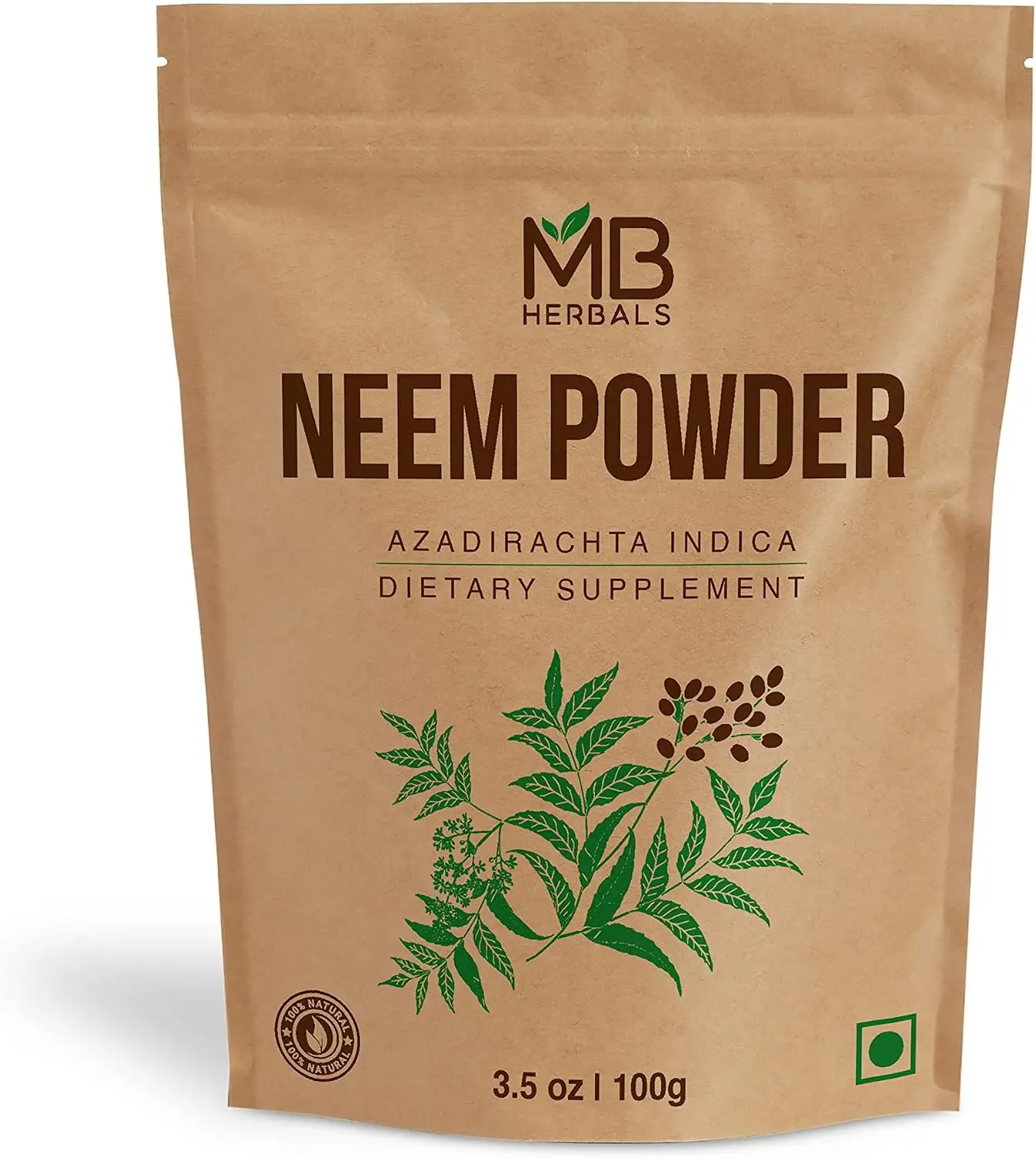 MB Herbals Pure Neem Leaf Powder (100g-3.5oz) - Azadirachta Indica, Wildcrafted Bitter Nature Supplement for Skin Care, Healthcare