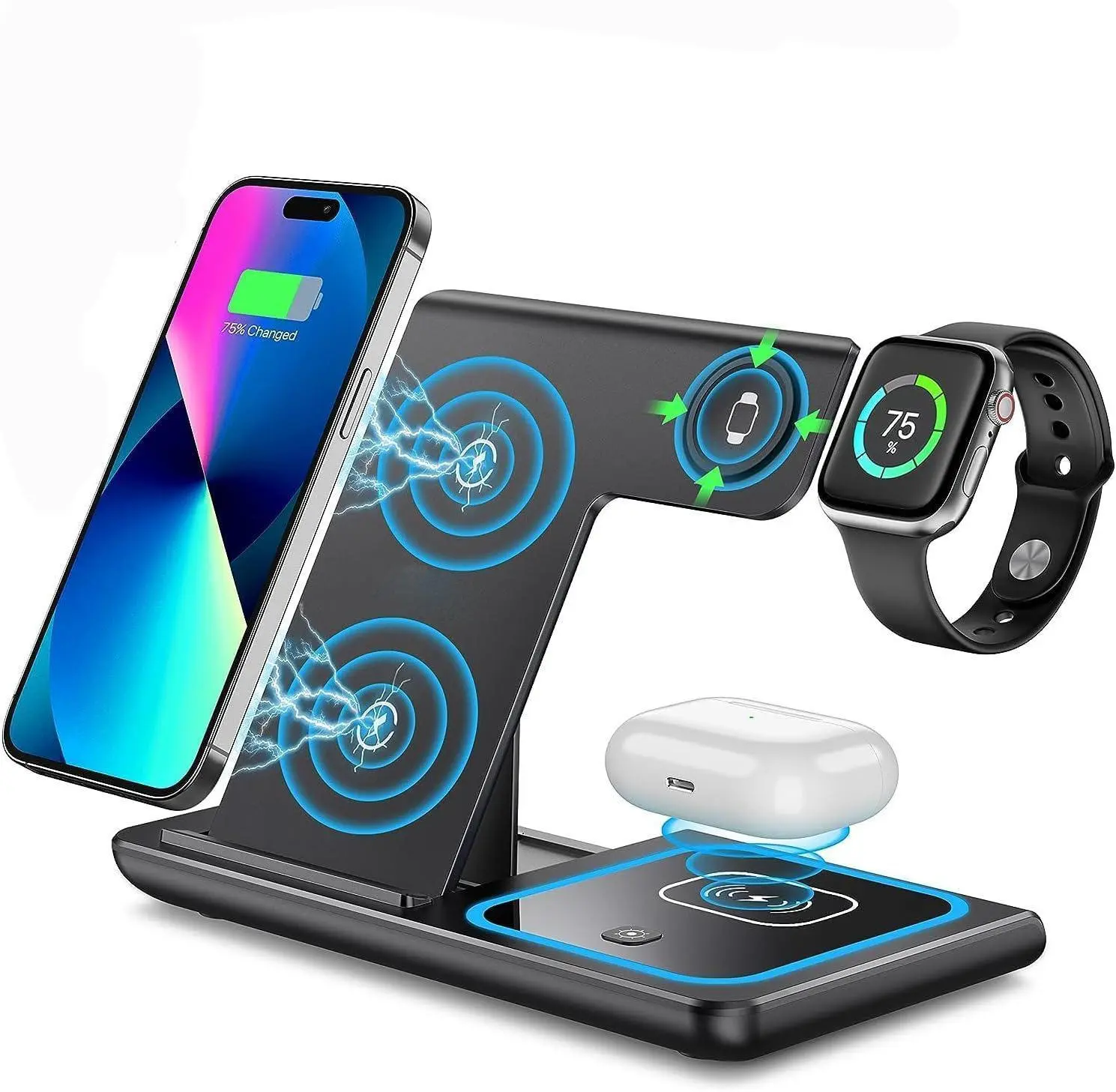 WHATOOK 3 in 1 Wireless Charger Holder Stand for iPhone 15/14/13/12/11 Pro Max, Apple Watch 8/7/6/5/4/3/2/SE, AirPods Pro 3/2 - Fast Charging, Foldable, Magnetic, Metal, Silicone, Safe, Portable, Smart Nightlight, Anti-Slip, Case Friendly