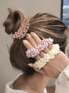 Cute Faux Pearl Decorated Hair Scrunchie, 3pcs/set Elegant High Stretch Hair Ties for Women and Girls, Minimalist Headwear for Thick Hair, Sweet Fashionable Hair Accessories, Elastic Hair Accessory, Scrunchies, Ponytails