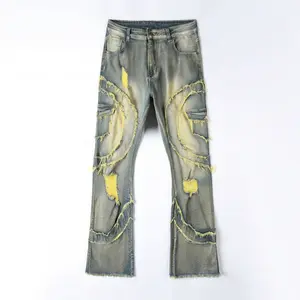 Men's Mid Rise Stacked Denim Jeans Distressed Look Ripped Frayed Fringe Vintage Wash Stretch Pocket Punk Vibe Streetwear Menswear Pants Denim Western Jeans for Fashion Forward Yellow skinny jeans bootcut jeans men jeans for men jeans pants for men