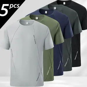 Men's Breathable Crewneck T-Shirt Pack of 5 Moisture-Wicking Lightweight Polyester for Gym Outdoor Activities & Casual Wear Various Colors Workout Shirts, Male,summervibes