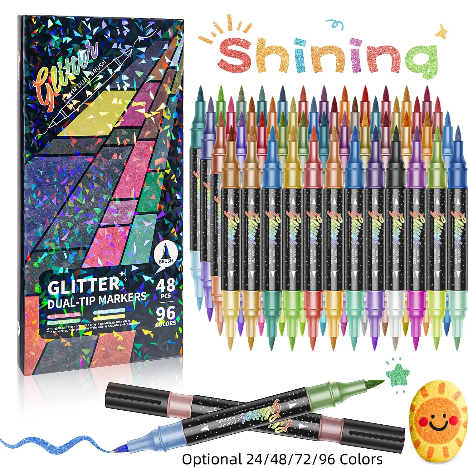 Glitter Effect Brush Markers, Art Supplies, Dual Tip Dual Color, 1-5mm Soft Brush, 24/48/72/96/120 Colors, Doodle Writing, DIY Crafts, Greeting Cards