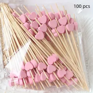 100-Piece Bamboo Fruit Picks Set, Disposable Wooden Cocktail Decorations with Heart Pattern, Ideal for Bars, Home Parties, Food Decoration, Party Supplies