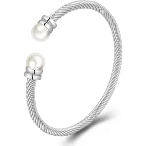 18K Gold Plated 4mm Twisted Layered Rope Bracelets,8mm Pearl Open Cuff Bangle Bracelet,Vintage Jewelry Gift for Women, Adjustable 6"-7"