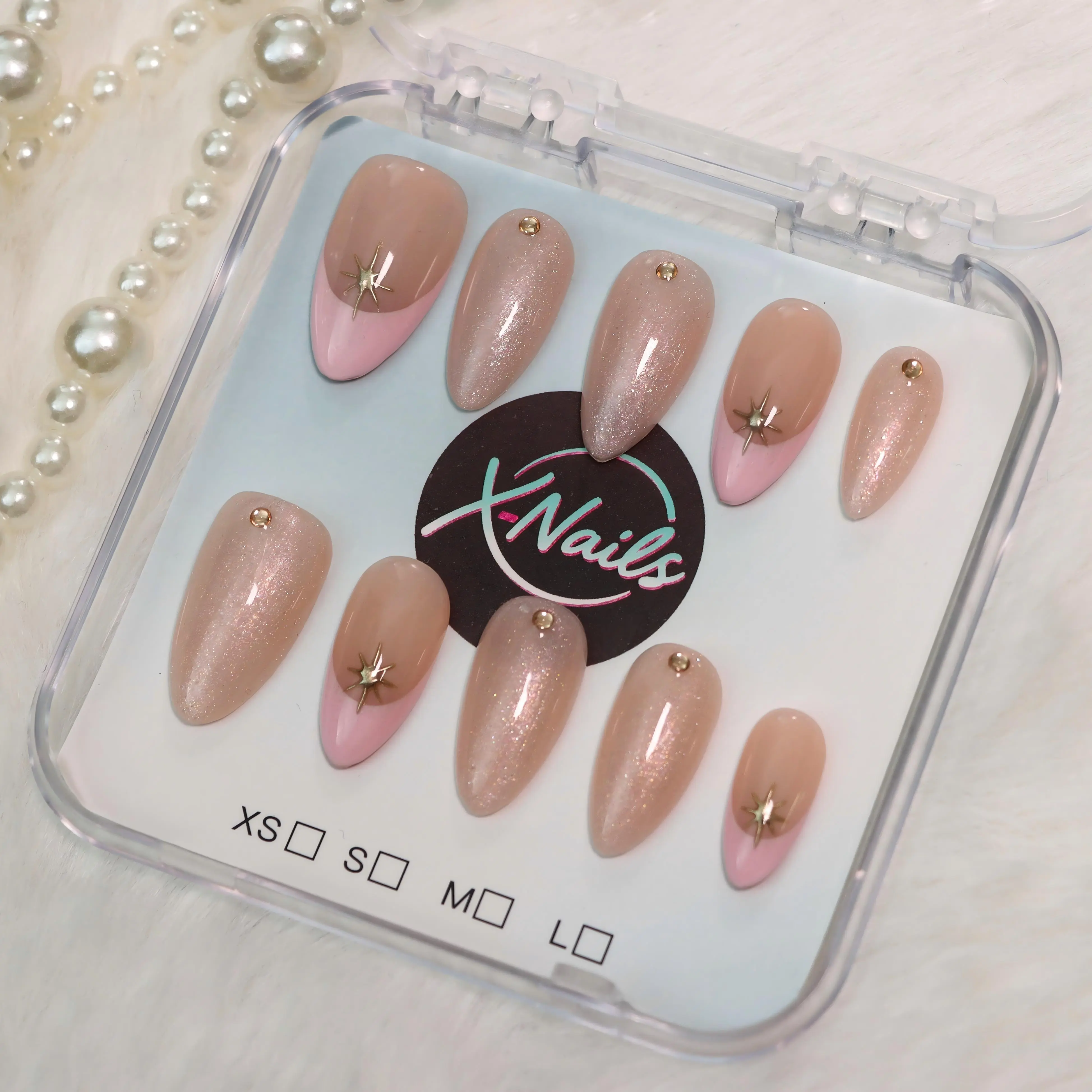 Xnails Sweet Dream Handmade Press on Nails - 10PCS Almond Shape, Reusable, Salon Quality, Glossy, DIY Rhinestone Nail Art Decorations, Handmade Presson Nails