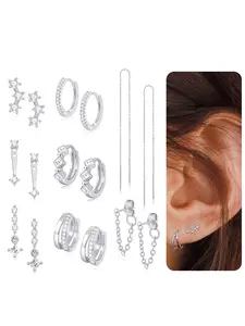 8 Pairs 18K Gold Plated Small Hoop Earring CZ Cartilage Stud Earring for Women Long Chain Drop Dangle Stack Earrings for Multiple Piercings Gold Silver Tone