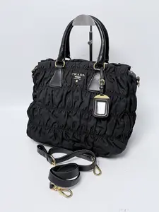 Pre-owned PRADA Nylon Shoulder Bags Black Tessuto Gaufre Ruched 2 Way Tote Bag Handle Shoulder Handbag JA483PR