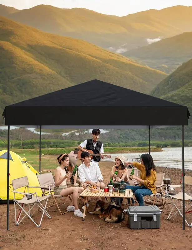 10x10 Pop Up Canopy - Outdoor Canopy Tent with Portable Roller Bag - One Button Push Setup, 3 Adjustable Height, 4 Weight Bags, 8 Stakes & 4 Guy Ropes Included, Black
