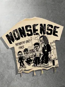 Music festival clothing short sleeved loose T-shirt for both men and women, non sense slogan ripped hole short sleeved loose T-shirt summer clothing street fashion brand men's shirt cartoon print short sleeved rap artist short sleeved Y2K