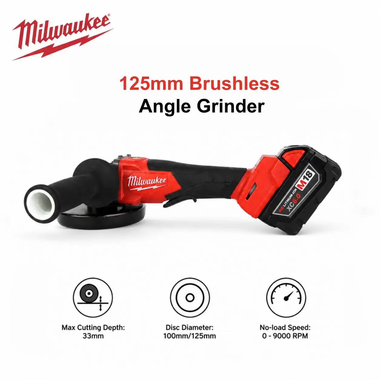 Milwaukee 125mm Brushless Cordless Angle Grinder 18V, M14 Spindle, Variable Speed 0-9000 RPM, Paddle Switch, Metal Cutting & Grinding Tool for Welding, Construction, Steel Fabrication, Auto Repair & DIY Projects
