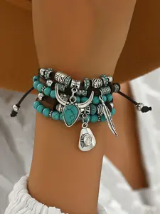 Bohemian Style Turquoise Beaded Bracelet Set, Handmade Multi-Layer Ethnic Jewelry, Denim Hat Pendant, Cow Head Design, Stackable Bracelets