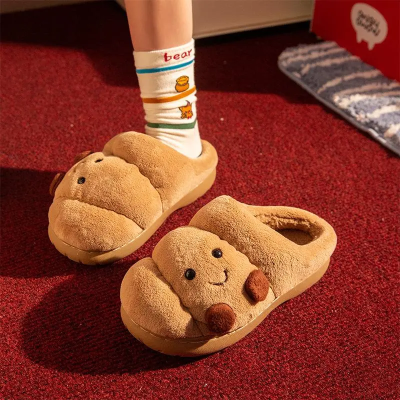 Funny Croissant Slippers for Women, Fuzzy Plush House Slippers with Non-Slip Sole - Winter Home Use, Cozy Gift Option for Men