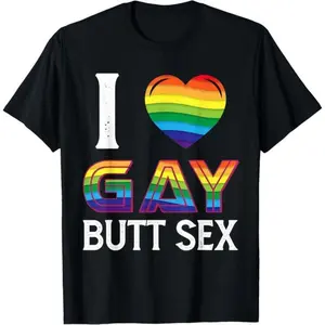 Menswear 100% Cotton Short-Sleeve Round Neck Casual Loose T-Shirt - "I Love Gay Butt Sex" Dirty Adult Homosexual Rainbow Heart Design, Made in USA
