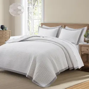 White Quilt Set  Size - Farmhouse Soft Striped Stitch Bedding Bedspread Coverlet Summer Lightweight Quilt Bed Sets with 2 Pillow Shams for   Season with Grey Border