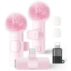 Wireless Lavalier Microphone for iPhone iPad and Android Phone, 2 Pack Lapel Mic Plug and Play Wireless Mic Noise Reduction Microphone for Video Recording Interview Podcast Vlog YouTube (Pink)