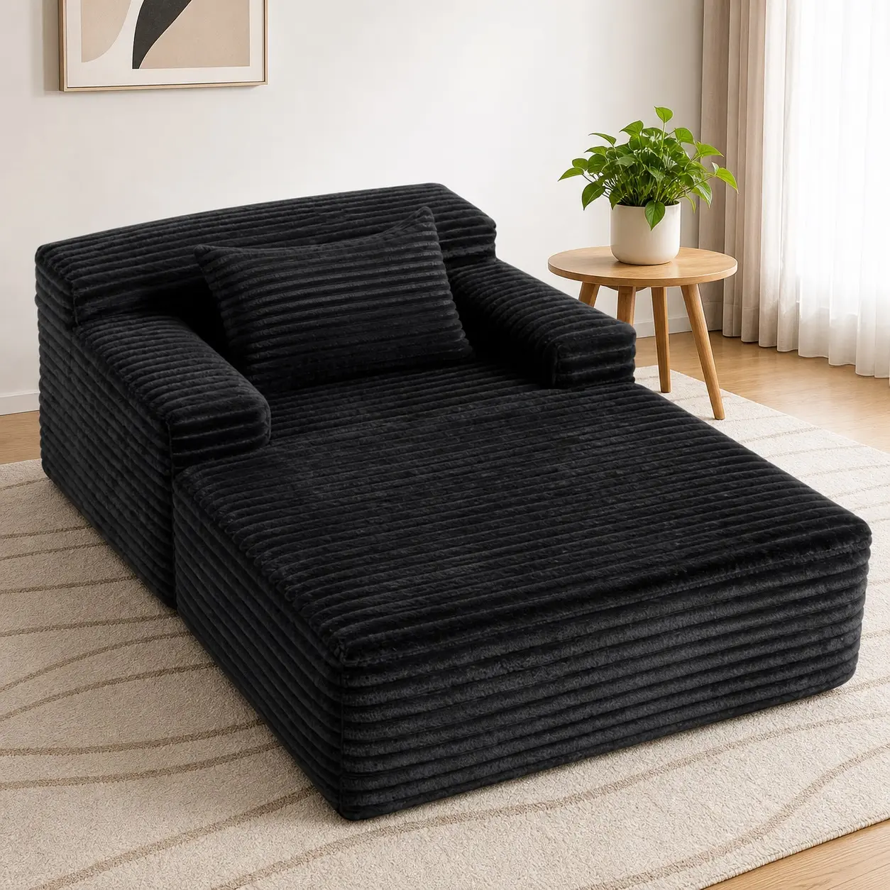 Black Lazy Sofa Bed, Corduroy Deep Seat Chaise Lounge, Boneless Cloud Armrest Single Chair For Living Room Bedroom Reading Nap, Easy Setup