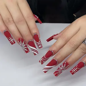 Christmas Press on Nails Long Square Fake Nails Red Matte Acrylic False Nails with Snowflake Design Full Cover Stick on Artificial Squoval Nails for Women Manicure 24Pcs