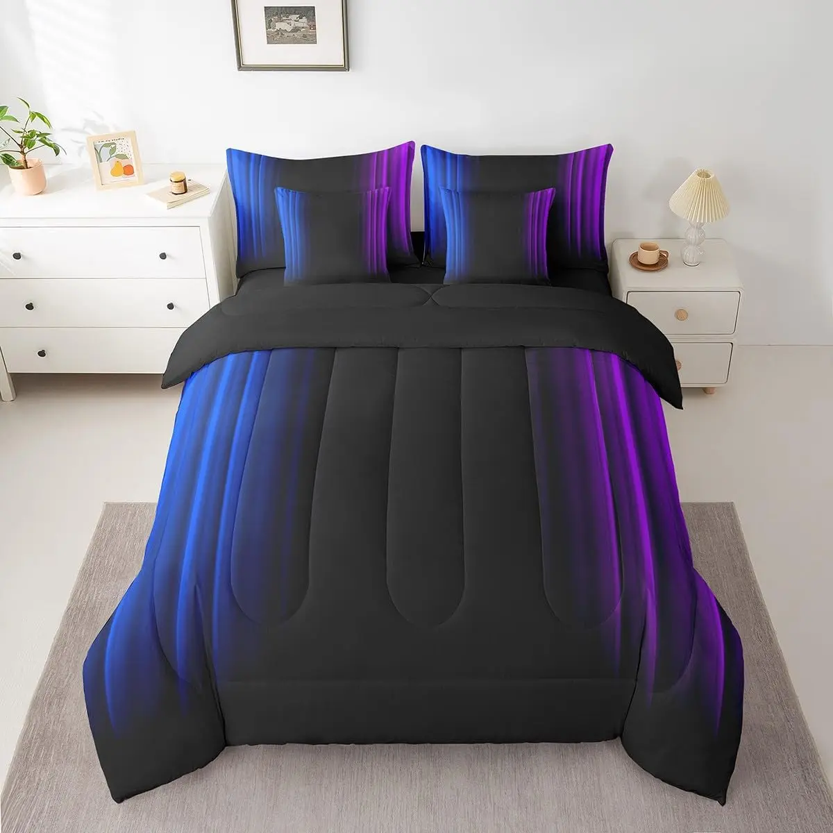 Teens Abstract Ombre Decorations Bed in a Bag Women Blue Purple and Black Comforter Set with Sheets Geometric Modern Bed Set Room