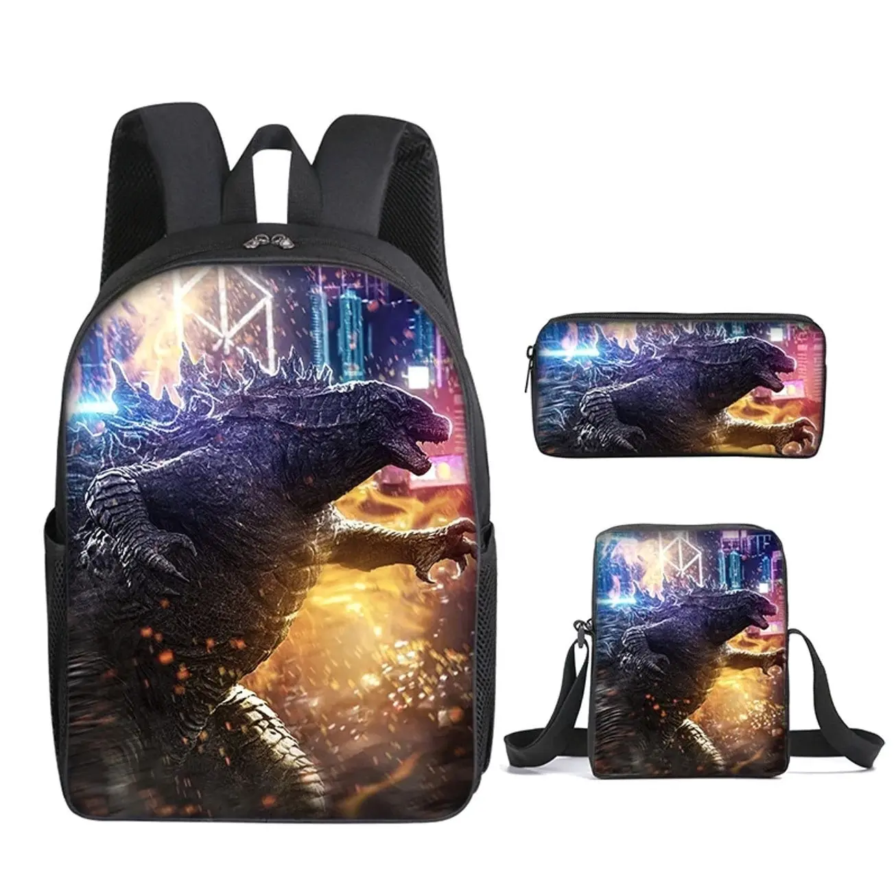 Atomic Dragon Lizard Student School Bag Set | 3Pcs Laptop Backpack Insulated Lunch Tote Pencil Pouch | Fun Student Gift Box