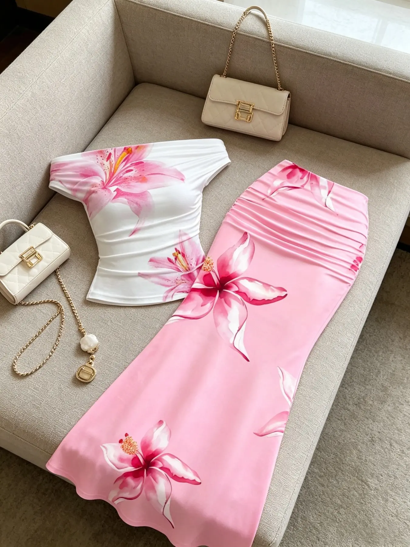 Elegant Watercolor Lily Print Set, Chic Fit Sexy Off-Shoulder Bralette + High-Waisted Ruched Split Fish Tail Long Dress Two-Piece Set Womenswear Elegance Clothes