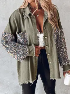 Women's Light Denim Patchwork Colorful Sequins Lantern Sleeve Collared Button Shirt Jacket Coats, Lightweight Casual Cool Style, Perfect for Daily Wear, Parties