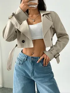 Women's Solid Color Double Button Detail Fitted Crop Jacket, Casual Long Sleeve Lapel Neckline Outerwear for Fall & Winter, Ladies Clothes for Daily Wear