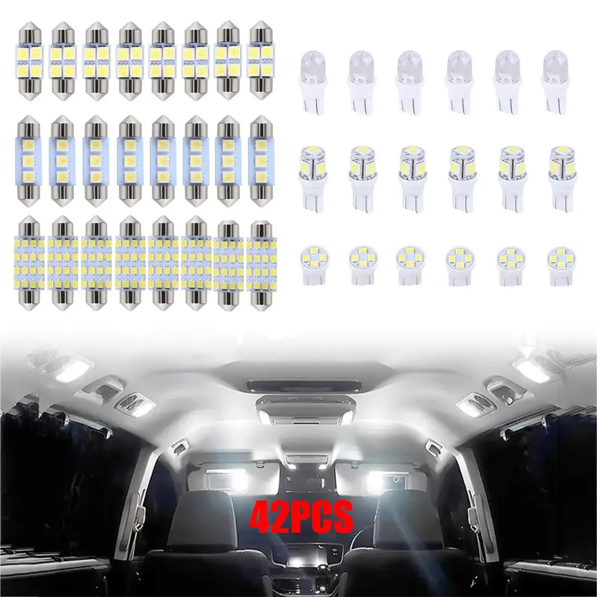 42-Piece LED Interior Light Bulbs – T10 SMD, 6000K Xenon White, 12V, Universal Fit For Car Reading/Map/Dome/Trunk Lights 4 thumbnail image