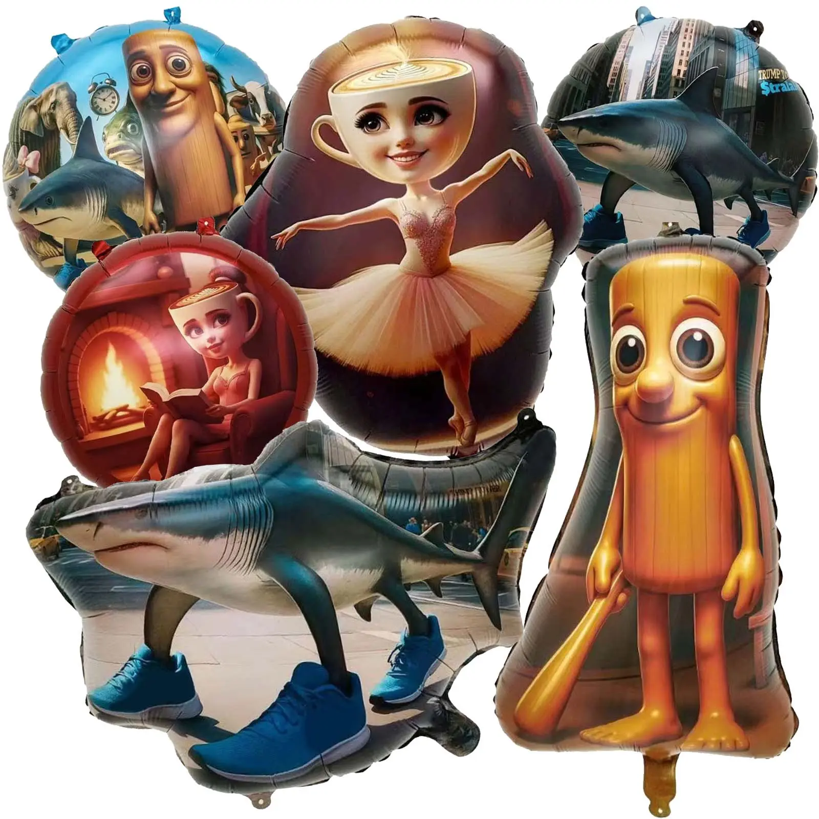 6PCS Italian Brainrot Meme Aluminum Foil Decorations - Tralalero Tralala Character Items for Birthday Party Decor, Baby Shower, Floating Balloons, Decorative Foil Packaging Balloons, Festive Touch Displays