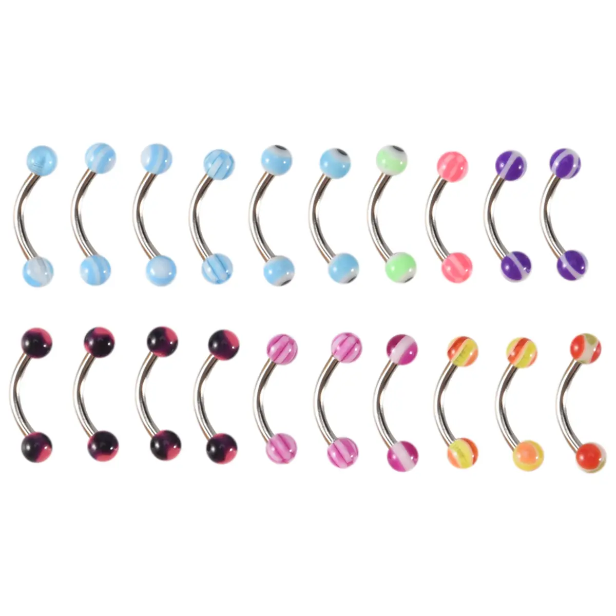 20pcs Colorful Stainless Steel Ball Barbell Curved Body Piercing Jewelry for Eyebrow, Tragus Rings & Bars