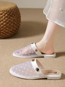 New Fashion Summer Women's Casual Flat Sandals, Breathable Comfort, Slip-On Versatile Slippers, Mesh Heart Embroidery Design