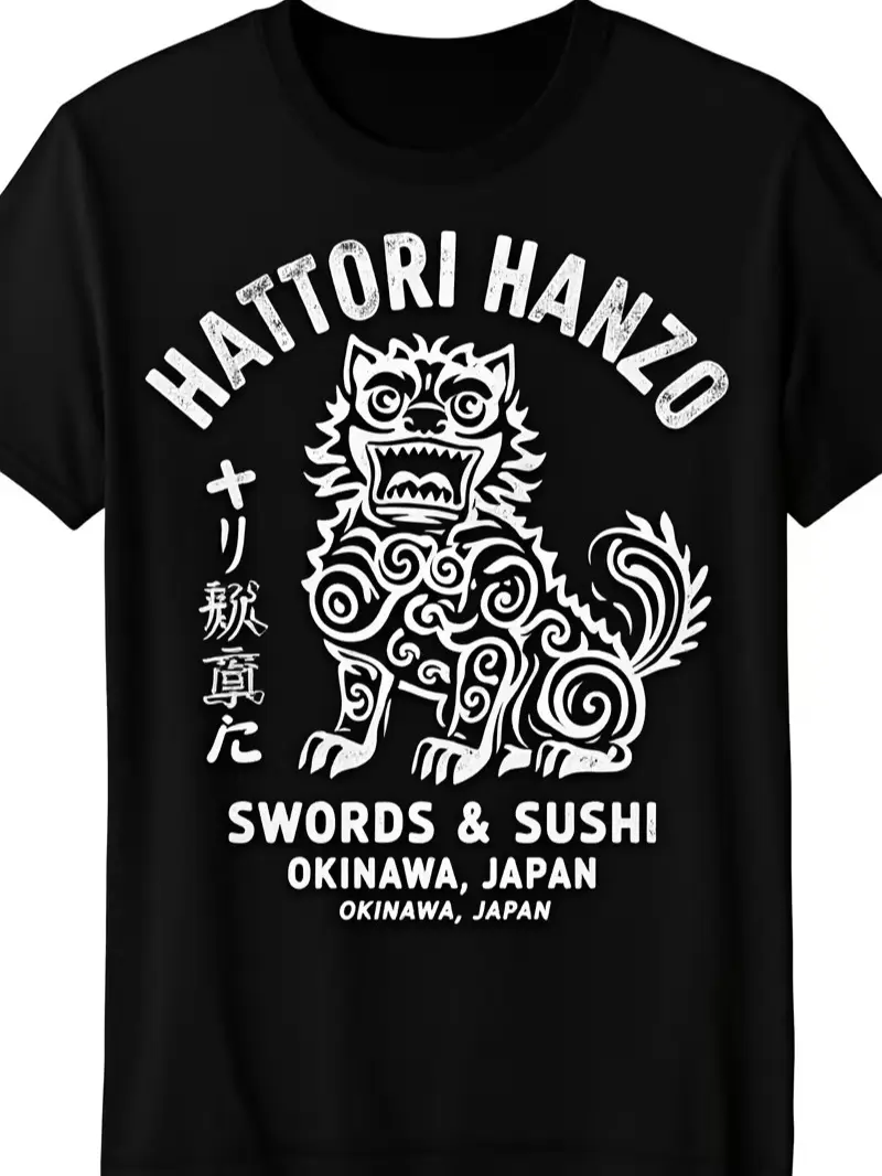 Men's Hattori Hanzo Shisa Lion Okinawa Japan Vintage Graphic Pure Cotton T-Shirt - All Seasons, Fitted Cut, Retro Look, Swords & Sushi Japanese Casual Short Sleeve Tee