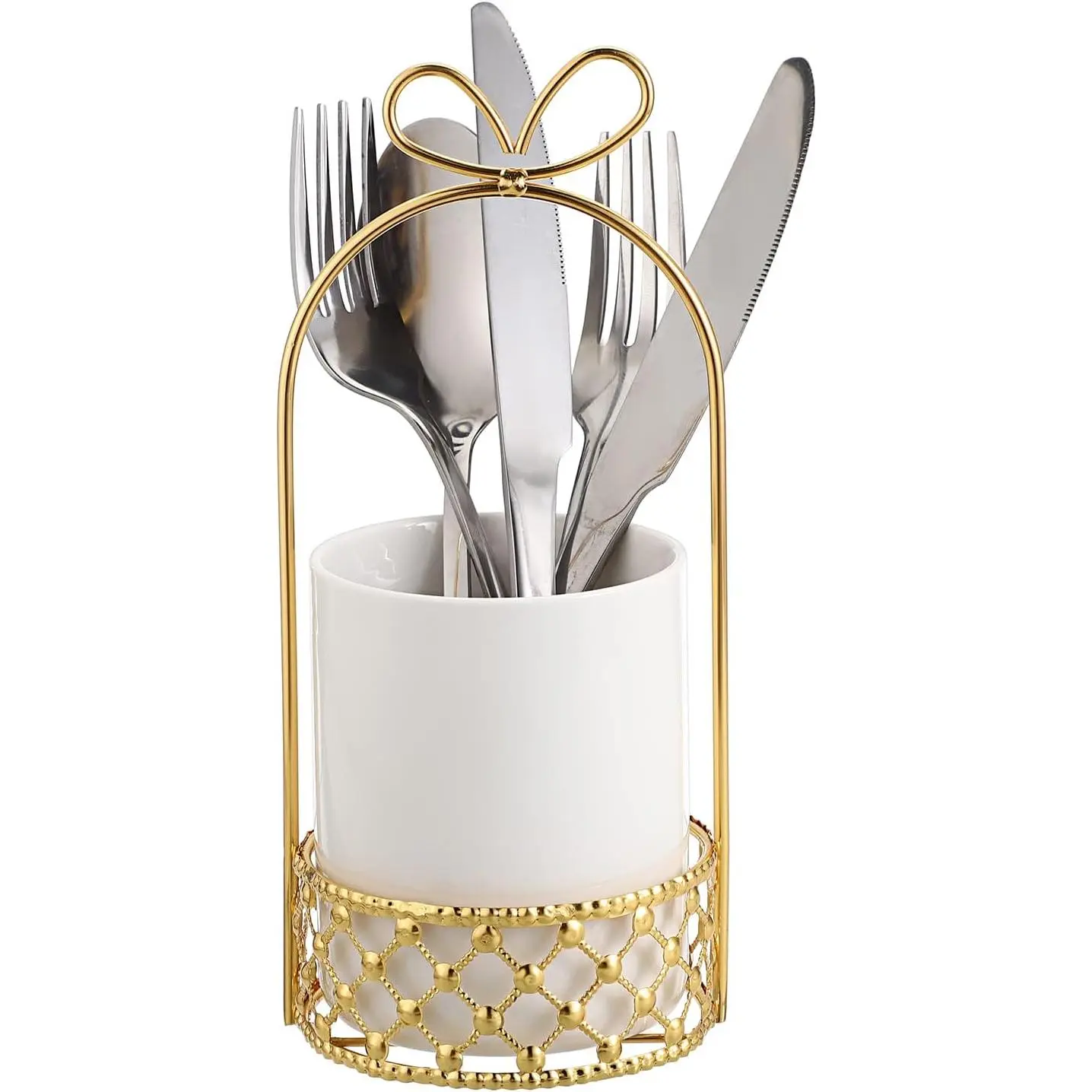 Ceramic Silverware Holder For Tabletop, White Cutlery Holder With Golden Metal Bracket, Decorative Flatware Holder Countertop Utensil Holder Organizer for Wedding Kitchen Dining Tables