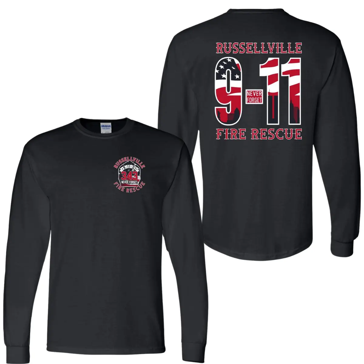 343 Firefighter 9/11 Tribute T-Shirt, Never Forget Firefighter Memorial Long Sleeve Shirt, Soft Cotton Blend Hoodie, Russellville Fire Rescue Remembrance Apparel for Men & Women