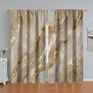 2Pcs luxurious marble pattern curtain panel, gold texture design, rod pocket style, semi sunshade polyester fiber, suitable for home living room, bedroom, balcony, kitchen, study and shower window decoration, accessory, anti privacy.