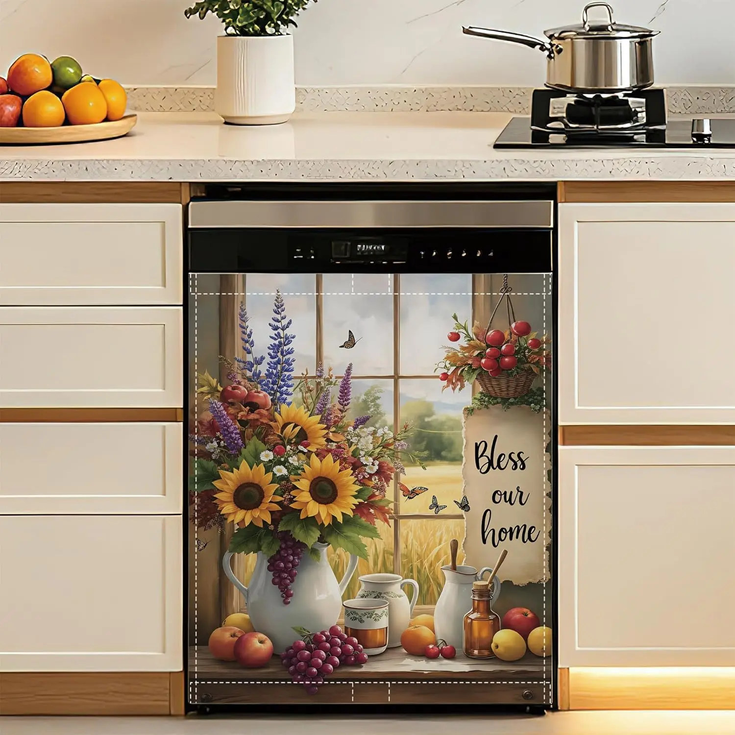 Sunflower Pitcher Floral Magnetic Dishwasher Cover,Fruit Window Decorative Dishwasher Panel for Refrigerator Kitchen Decor Reusable Waterproof Easy Install 23x26 Inch
