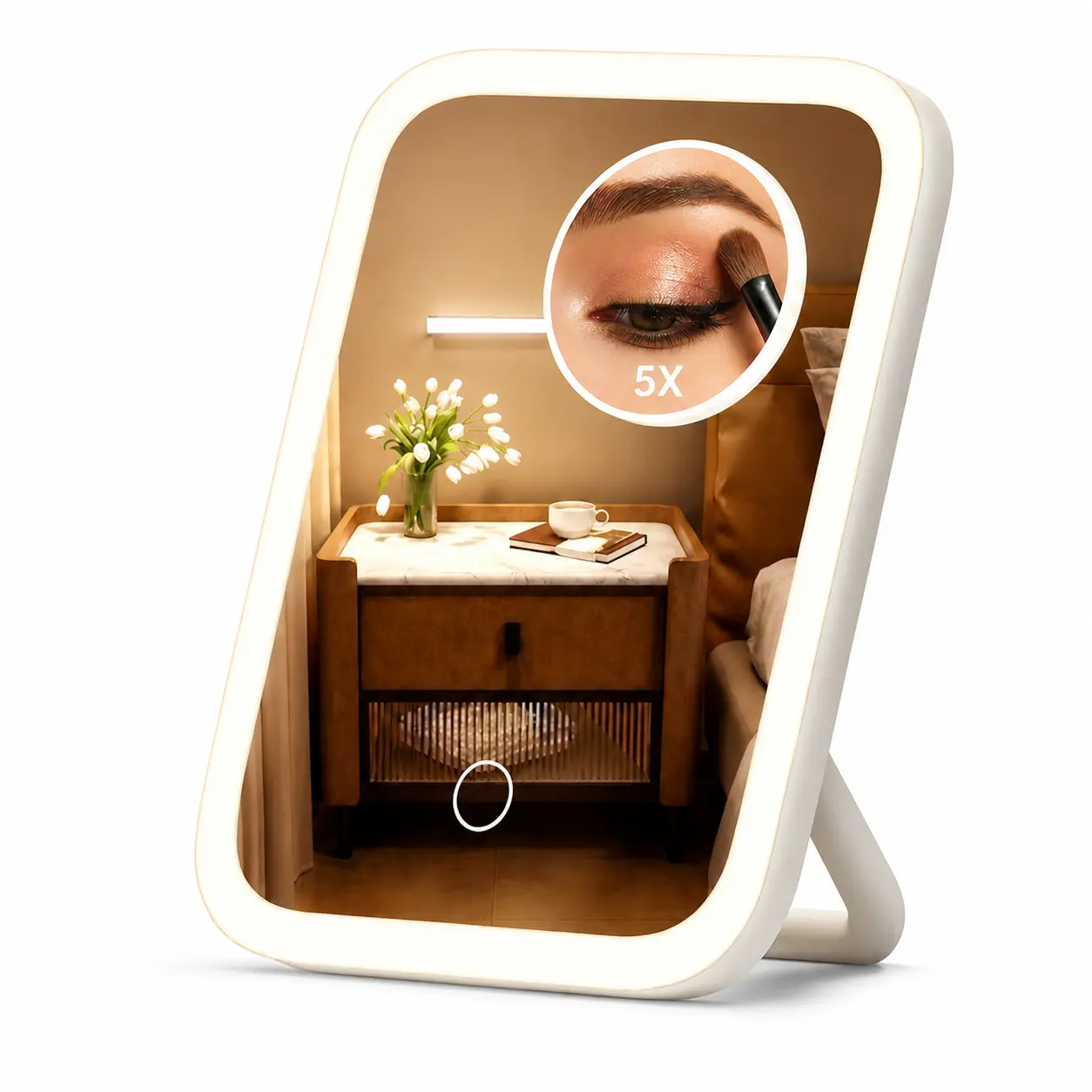 Lighted Makeup Mirror with 5X Magnification, Rechargeable USB Vanity Mirror with Stand, 3 Color LED Lights, Adjustable Brightness & Angle, Foldable Portable Travel Makeup Mirror, Touch Control Desktop Mirror Gift for Women